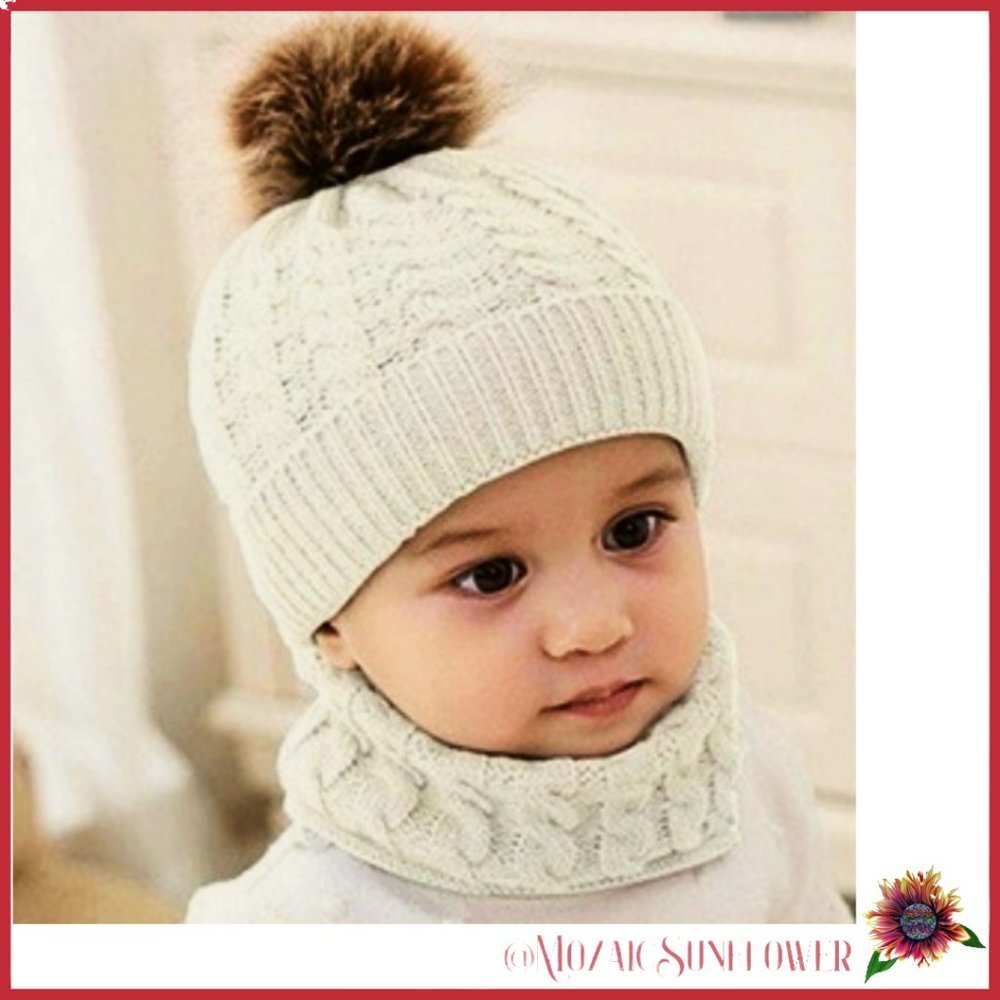 2 Pc Knit Ivory Infant/Toddler Beanie Faux Fur Pom and Circle Loop Scarf NWT